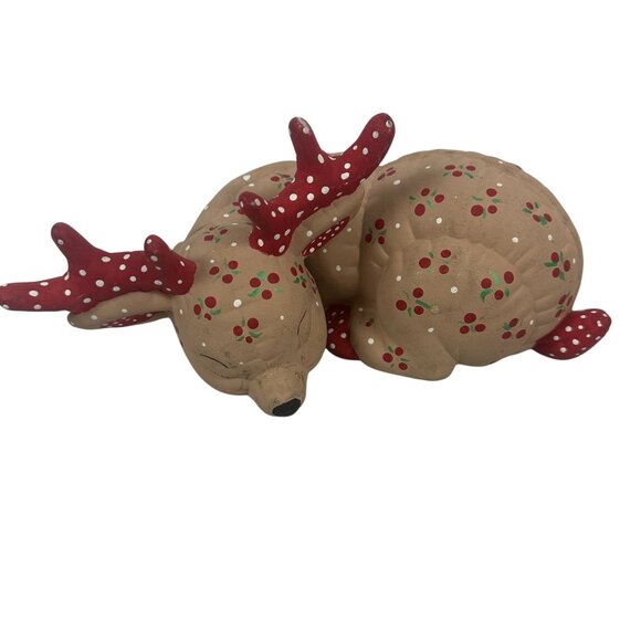 Set Of 6 Handcrafted Ceramic Reindeer Figurines Red Antlers & Floral Vintage - Picture 15 of 16